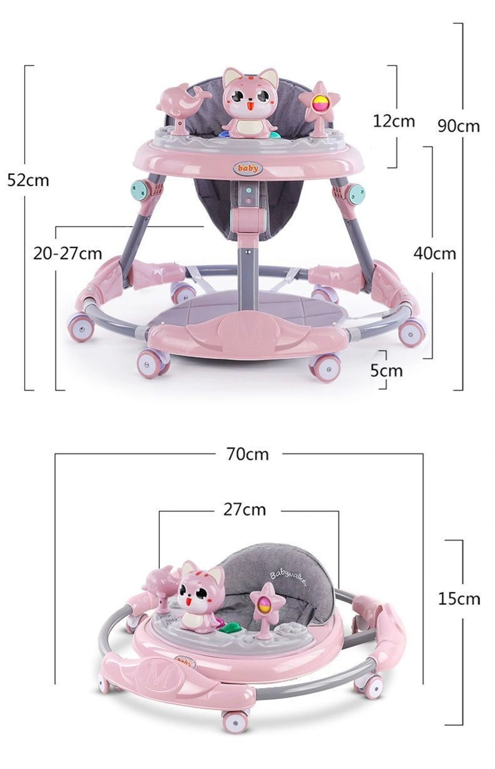 Unique Rotating Baby Walker with Push Bar Portable Folding Musical Baby Walker with Toy Car