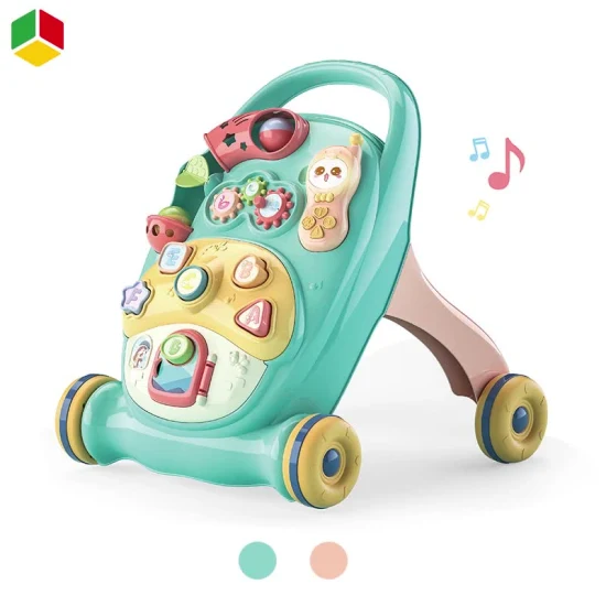Cochecitos de plástico multifuncionales eléctricos educativos QS, juguetes de andador de empuje manual para bebés de aprendizaje temprano con música